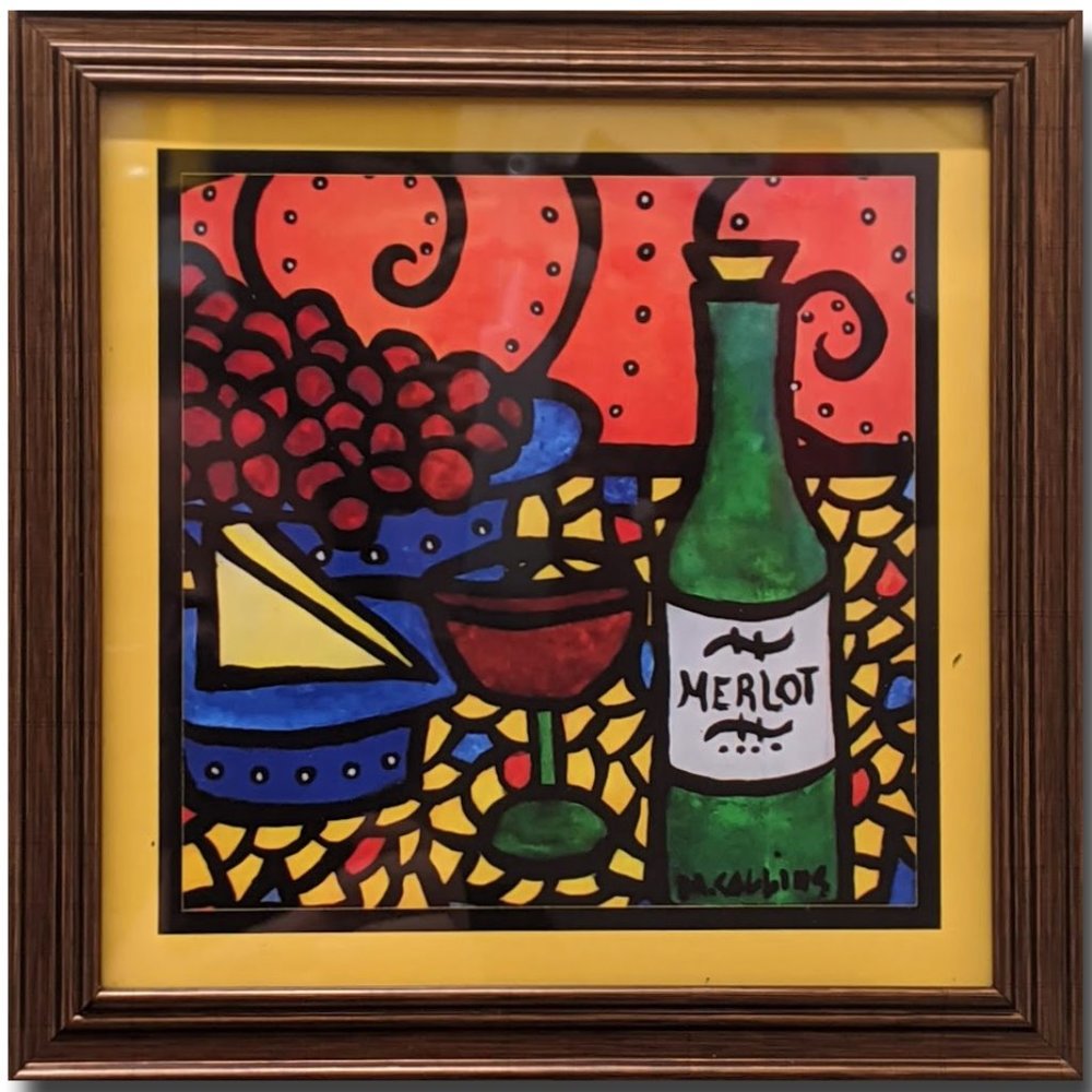 Colorful Framed Wall Art Merlot Wine Cheese Grapes